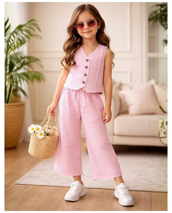 Cotton Woven Sleeveless Striped Coordinating Top & Pant Set - Pink